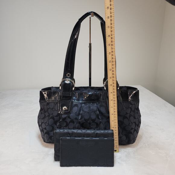 Coach Matching Purse Set of 3 Handbag Wallets Black Canvas Patent Leather - Picture 7 of 13